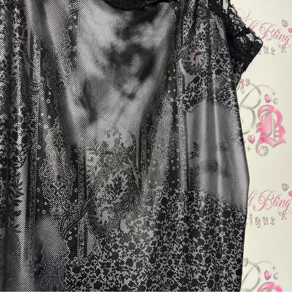 Lace metallic tank top holographic Lacey pattern grey black lace trim straps y2k - Picture 5 of 9